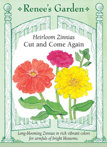 Visuel officiel de Renee's Garden associé aux semences de Zinnias en mélange Cut and Come Again, référence RN5070. Les fleurs simples, semi-doubles et doubles mesurent environ 5 à 8 cm (2 à 3 po). Le mélange comprend des nuances crème, saumon, roses, rouges, jaunes, magenta et orange. Les plantes ramifiées produisent de nouvelles fleurs au fil des cueillettes.
