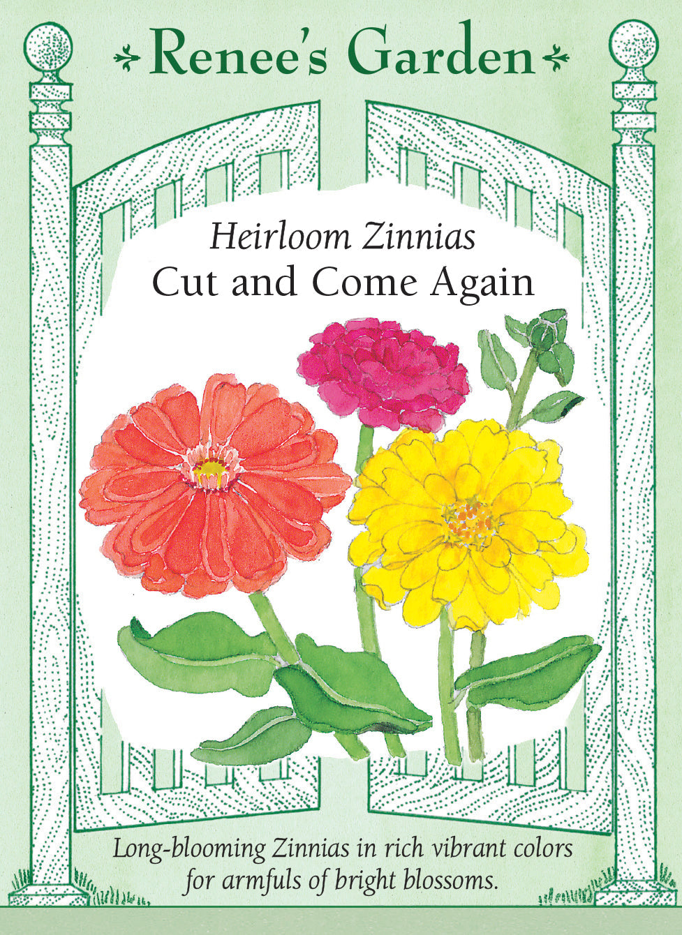 Visuel officiel de Renee's Garden associé aux semences de Zinnias en mélange Cut and Come Again, référence RN5070. Les fleurs simples, semi-doubles et doubles mesurent environ 5 à 8 cm (2 à 3 po). Le mélange comprend des nuances crème, saumon, roses, rouges, jaunes, magenta et orange. Les plantes ramifiées produisent de nouvelles fleurs au fil des cueillettes.