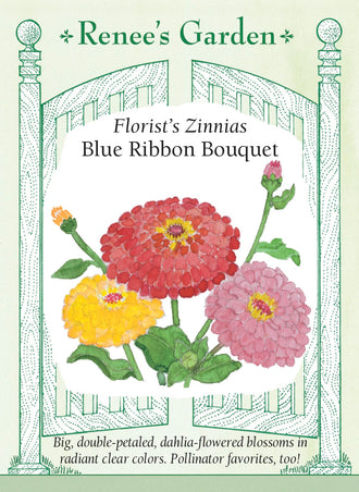 Visuel officiel de Renee's Garden associé aux semences de Zinnias en mélange Blue Ribbon Bouquet, référence RN5071. Les fleurs doubles de type dahlia présentent des tons rouges, orange, jaunes, blancs, roses et magenta. Les longues tiges conviennent aux bouquets. Les fleurs sont aussi visitées par les abeilles et les papillons. Cette image accompagne la fiche de cette sélection et permet de repérer le produit correspondant dans le catalogue de semences.