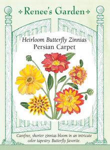Visuel officiel de Renee's Garden associé aux semences de Zinnias en mélange Persian Carpet, référence RN5072. Les fleurs présentent des combinaisons de crème, de doré, de brun, d’orange, de bordeaux et de jaune pâle. Les pointes des pétales et les centres peuvent être contrastants. Ce mélange convient aux bordures et aux petits bouquets.
