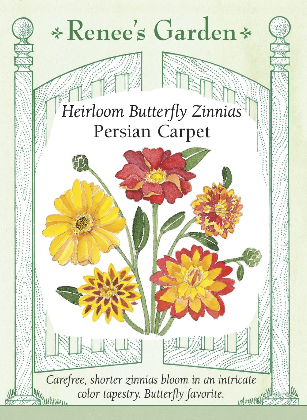 Visuel officiel de Renee's Garden associé aux semences de Zinnias en mélange Persian Carpet, référence RN5072. Les fleurs présentent des combinaisons de crème, de doré, de brun, d’orange, de bordeaux et de jaune pâle. Les pointes des pétales et les centres peuvent être contrastants. Ce mélange convient aux bordures et aux petits bouquets.