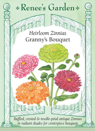 Visuel officiel de Renee's Garden associé aux semences de Zinnias en mélange Granny’s Bouquet, référence RN5073. Ce mélange comprend les sélections Carousel, Cactus, Envy et California Giant. Il réunit des fleurs bicolores, des pétales étroits et des formes doubles ou crêtées. La palette comprend notamment l’orange, le rouge, le violet, le rose, le jaune et le chartreuse.