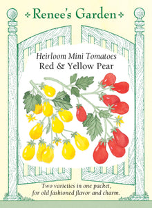 Visuel officiel de Renee's Garden pour les semences « Tomates poires en mélange Red et Yellow Pear », référence RN5083. Ce duo réunit des petites tomates en forme de poire, rouges ou jaunes. Le semencier associe les graines roses au type Red Pear et les graines non colorées au type Yellow Pear. Les fruits se développent en grappes et offrent une saveur douce. Les couleurs permettent de varier les salades et les collations.