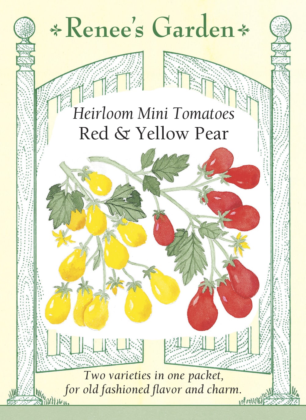 Visuel officiel de Renee's Garden pour les semences « Tomates poires en mélange Red et Yellow Pear », référence RN5083. Ce duo réunit des petites tomates en forme de poire, rouges ou jaunes. Le semencier associe les graines roses au type Red Pear et les graines non colorées au type Yellow Pear. Les fruits se développent en grappes et offrent une saveur douce. Les couleurs permettent de varier les salades et les collations.