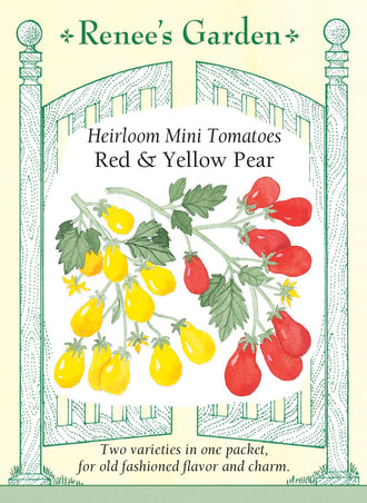 Visuel officiel de Renee's Garden pour les semences « Tomates poires en mélange Red et Yellow Pear », référence RN5083. Ce duo réunit des petites tomates en forme de poire, rouges ou jaunes. Le semencier associe les graines roses au type Red Pear et les graines non colorées au type Yellow Pear. Les fruits se développent en grappes et offrent une saveur douce. Les couleurs permettent de varier les salades et les collations.