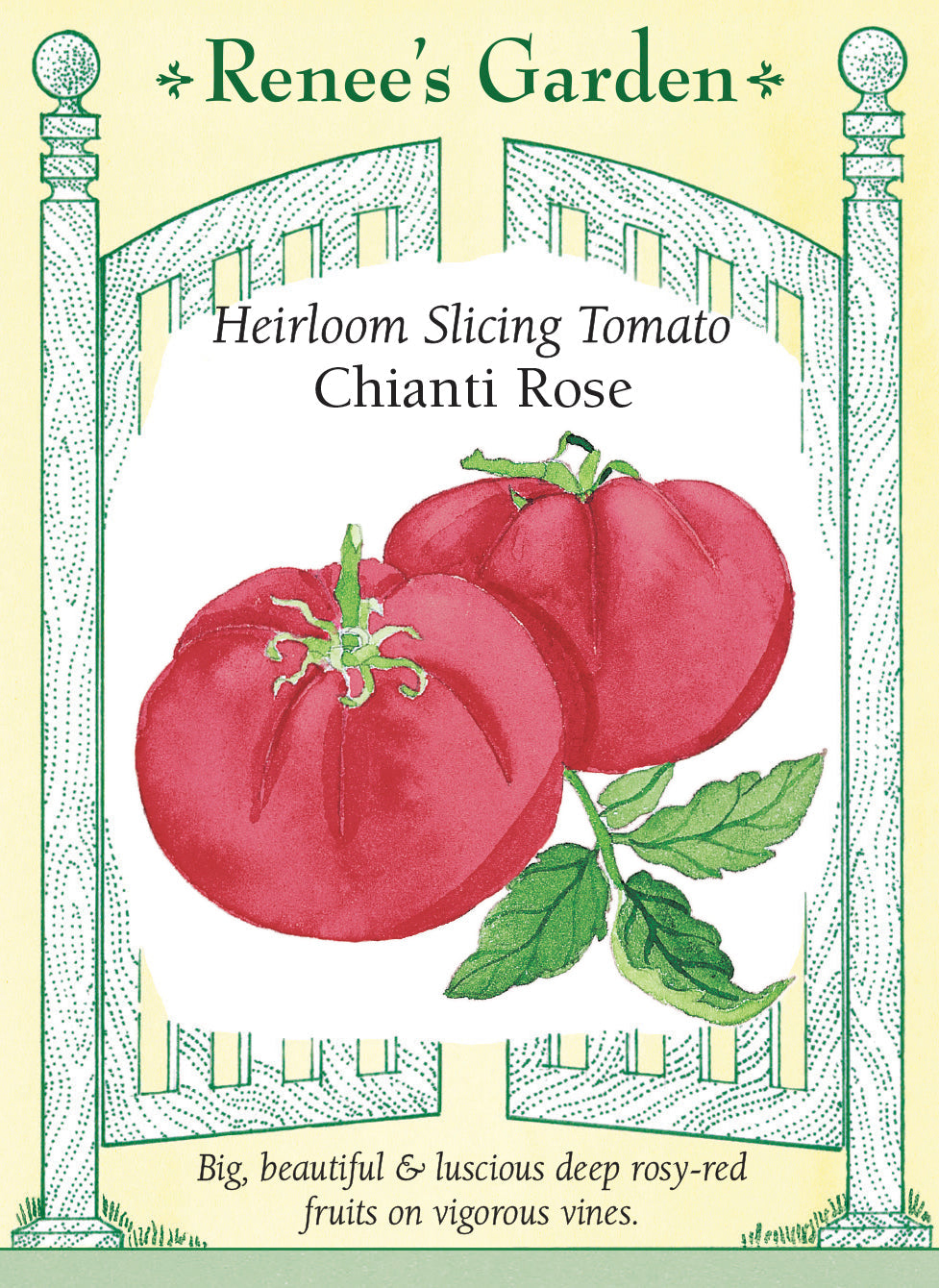 Visuel officiel de Renee's Garden pour les semences « Tomate ‘Chianti Rose’ », référence RN5089. Cette grosse tomate rose-rouge provient d’un croisement incluant Brandywine, selon le semencier. Les fruits ont une peau fine et une chair souple et juteuse. Les plants vigoureux portent un feuillage de type pomme de terre. Le semencier souligne leur aptitude à produire durant des étés relativement frais, sans garantir un résultat uniforme selon les régions.