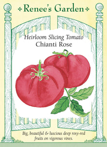 Visuel officiel de Renee's Garden pour les semences « Tomate ‘Chianti Rose’ », référence RN5089. Cette grosse tomate rose-rouge provient d’un croisement incluant Brandywine, selon le semencier. Les fruits ont une peau fine et une chair souple et juteuse. Les plants vigoureux portent un feuillage de type pomme de terre. Le semencier souligne leur aptitude à produire durant des étés relativement frais, sans garantir un résultat uniforme selon les régions.