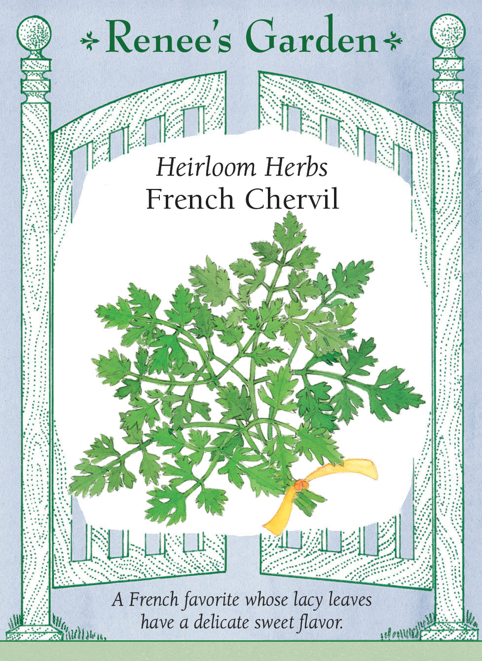Visuel officiel de Renee's Garden associé aux semences de Cerfeuil, référence RN5092. Le cerfeuil porte des feuilles vert clair, fines et très découpées. Le semencier décrit une saveur délicate évoquant l’anis et le persil. Les feuilles entrent dans les mélanges de fines herbes et peuvent aromatiser les salades, les sauces et les soupes. Cette herbe se récolte fraîche pour conserver son arôme subtil.