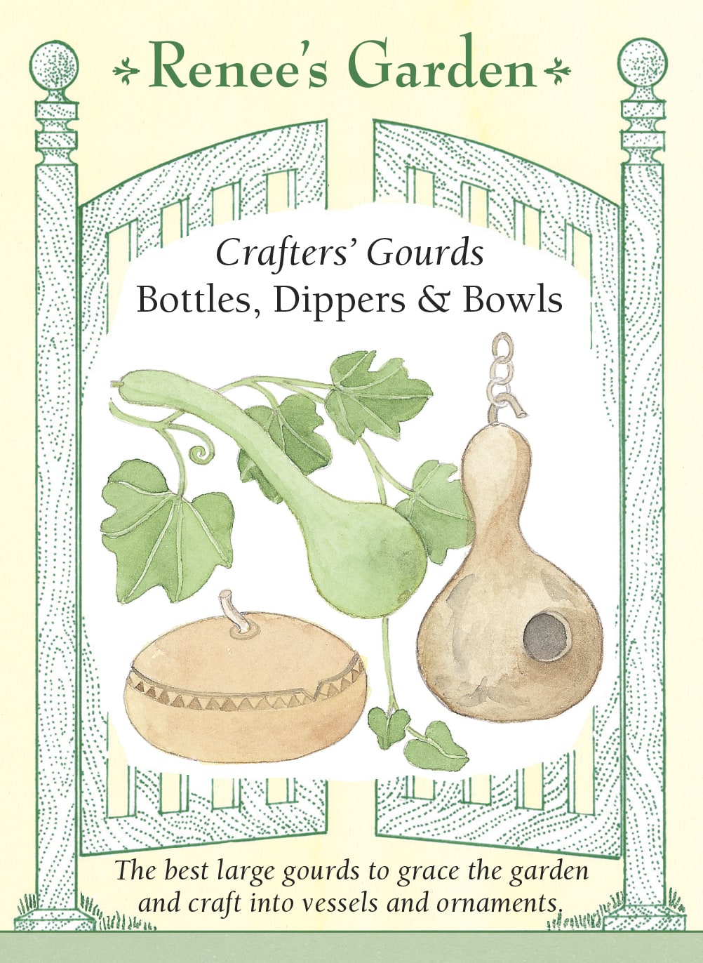 Visuel officiel de Renee's Garden pour les semences « Gourdes décoratives en mélange Large Crafters Mix », référence RN5101. Ce mélange de gourdes à coque dure réunit une forme aplatie de type Corsican et une forme étranglée de type Birdhouse. Les fruits mûrs et séchés sont proposés pour l’artisanat et les objets décoratifs. Le semencier distingue les graines par une coloration : verte pour Corsican et rose pour Birdhouse. Les longues tiges peuvent être palissées ou laissées au sol.