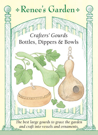 Visuel officiel de Renee's Garden pour les semences « Gourdes décoratives en mélange Large Crafters Mix », référence RN5101. Ce mélange de gourdes à coque dure réunit une forme aplatie de type Corsican et une forme étranglée de type Birdhouse. Les fruits mûrs et séchés sont proposés pour l’artisanat et les objets décoratifs. Le semencier distingue les graines par une coloration : verte pour Corsican et rose pour Birdhouse. Les longues tiges peuvent être palissées ou laissées au sol.