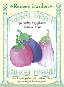 Visuel officiel de Renee's Garden pour les semences « Aubergines en mélange Italian Trio », référence RN5112. Ce mélange réunit ‘Nadia’, à fruits pourpre-noir en forme de goutte, ‘Beatrice’, à fruits ovales magenta, et ‘Rosa Bianca’, à fruits ronds roses et blancs. Le semencier utilise des graines colorées pour les distinguer : rose pour ‘Nadia’, vert pour ‘Beatrice’ et sans coloration pour ‘Rosa Bianca’. Les plants portent un feuillage velouté et des fleurs lavande.