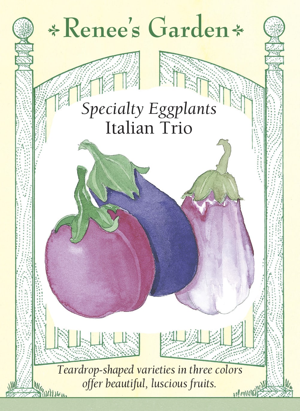 Visuel officiel de Renee's Garden pour les semences « Aubergines en mélange Italian Trio », référence RN5112. Ce mélange réunit ‘Nadia’, à fruits pourpre-noir en forme de goutte, ‘Beatrice’, à fruits ovales magenta, et ‘Rosa Bianca’, à fruits ronds roses et blancs. Le semencier utilise des graines colorées pour les distinguer : rose pour ‘Nadia’, vert pour ‘Beatrice’ et sans coloration pour ‘Rosa Bianca’. Les plants portent un feuillage velouté et des fleurs lavande.