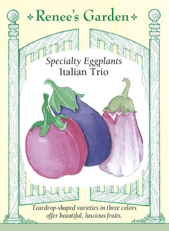 Visuel officiel de Renee's Garden pour les semences « Aubergines en mélange Italian Trio », référence RN5112. Ce mélange réunit ‘Nadia’, à fruits pourpre-noir en forme de goutte, ‘Beatrice’, à fruits ovales magenta, et ‘Rosa Bianca’, à fruits ronds roses et blancs. Le semencier utilise des graines colorées pour les distinguer : rose pour ‘Nadia’, vert pour ‘Beatrice’ et sans coloration pour ‘Rosa Bianca’. Les plants portent un feuillage velouté et des fleurs lavande.