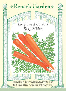 Visuel officiel de Renee's Garden pour les semences « Carotte ‘King Midas’ », référence RN5154. Cet hybride de type Imperator porte de longues racines orange, lisses et légèrement effilées, atteignant environ 20 à 23 cm (8 à 9 po). Le semencier décrit un cœur peu marqué et une saveur douce bien développée. Les racines se terminent en pointe. Leur longueur permet de préparer des bâtonnets de crudités ou des rondelles destinées à une cuisson rapide.