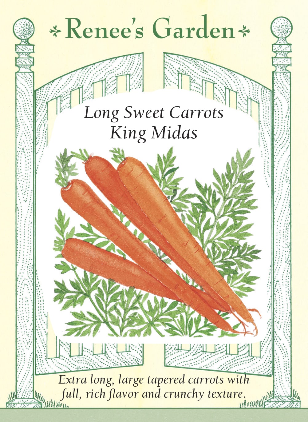 Visuel officiel de Renee's Garden pour les semences « Carotte ‘King Midas’ », référence RN5154. Cet hybride de type Imperator porte de longues racines orange, lisses et légèrement effilées, atteignant environ 20 à 23 cm (8 à 9 po). Le semencier décrit un cœur peu marqué et une saveur douce bien développée. Les racines se terminent en pointe. Leur longueur permet de préparer des bâtonnets de crudités ou des rondelles destinées à une cuisson rapide.