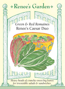 Visuel officiel de Renee's Garden pour les semences « Laitues romaines en mélange Caesar Romaine Duo », référence RN5158. Ce mélange contient à parts égales ‘Noga’ et ‘Cimarron’, deux romaines aux feuilles vertes ou rouges. Le semencier propose de les récolter jeunes ou de les laisser former des pommes denses. Les côtes croquantes se prêtent aux salades de type César. Chaque composante conserve sa propre couleur et peut être récoltée selon son développement.