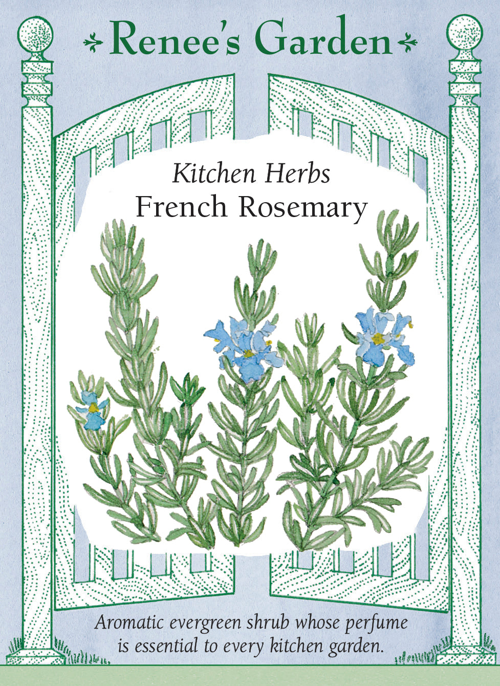 Visuel officiel de Renee's Garden associé aux semences de Romarin, référence RN5159. Le romarin forme un petit arbuste aromatique à feuilles étroites, gris-vert, rappelant des aiguilles. Le semencier décrit un parfum résineux et mentholé, utilisé pour assaisonner les plats. Les jeunes extrémités feuillées se récoltent au besoin. Sa culture au Québec demande de tenir compte du froid hivernal plutôt que de supposer une survie en pleine terre.
