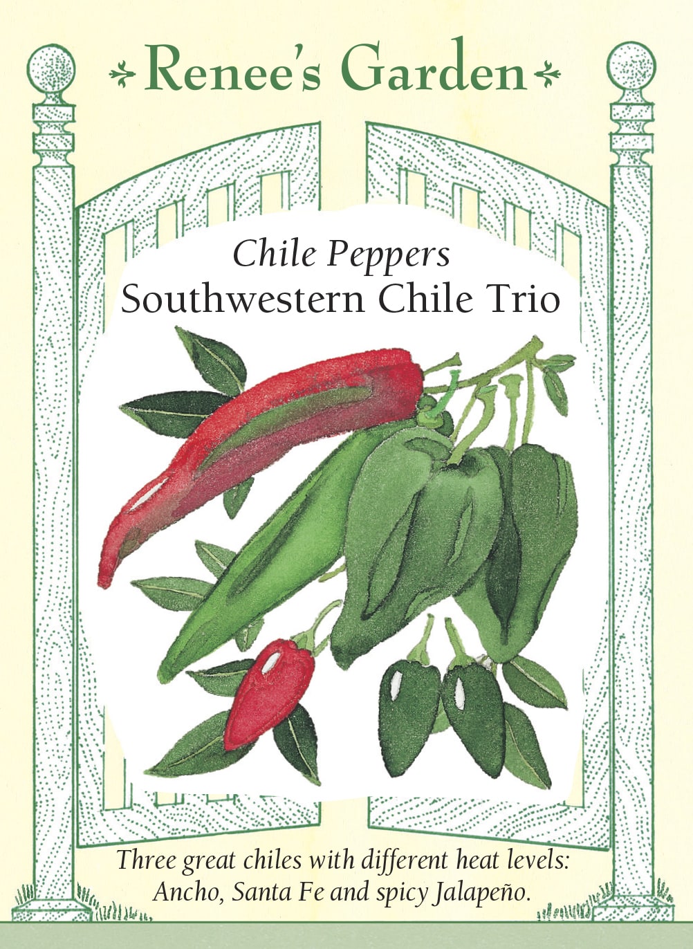 Visuel officiel de Renee's Garden pour les semences « Piments en mélange Southwestern Chile Trio », référence RN5169. Ce mélange réunit le poblano ‘Sanchez’, le piment de type Nouveau-Mexique ‘Joe Parker’ et le jalapeño ‘Bubba’. Leurs forces et leurs formes diffèrent. Le semencier utilise des graines non colorées pour ‘Sanchez’, vertes pour ‘Joe Parker’ et rouges pour ‘Bubba’. Chaque type doit donc être identifié avant de préparer une recette.