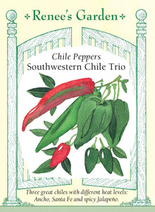 Visuel officiel de Renee's Garden pour les semences « Piments en mélange Southwestern Chile Trio », référence RN5169. Ce mélange réunit le poblano ‘Sanchez’, le piment de type Nouveau-Mexique ‘Joe Parker’ et le jalapeño ‘Bubba’. Leurs forces et leurs formes diffèrent. Le semencier utilise des graines non colorées pour ‘Sanchez’, vertes pour ‘Joe Parker’ et rouges pour ‘Bubba’. Chaque type doit donc être identifié avant de préparer une recette.