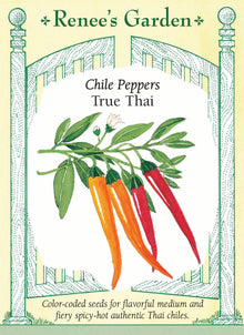 Visuel officiel de Renee’s Garden pour les semences « Piments thaïlandais en mélange Thai Duo », référence RN5171. Le sachet réunit deux sélections destinées à la culture de piments pour la cuisine. Les fruits peuvent relever les sauces, les sautés et les assaisonnements. Le mélange se cultive dans un emplacement chaud et lumineux, en suivant séparément le développement des plants et de leurs fruits.