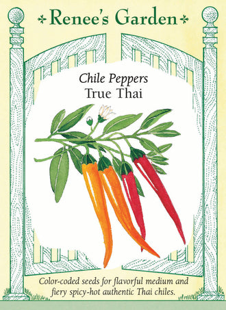 Visuel officiel de Renee’s Garden pour les semences « Piments thaïlandais en mélange Thai Duo », référence RN5171. Le sachet réunit deux sélections destinées à la culture de piments pour la cuisine. Les fruits peuvent relever les sauces, les sautés et les assaisonnements. Le mélange se cultive dans un emplacement chaud et lumineux, en suivant séparément le développement des plants et de leurs fruits.