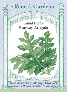 Visuel officiel de Renee's Garden pour les semences « Roquette ‘Runway’ », référence RN5228. Cette sélection de roquette cultivée se distingue par des feuilles profondément découpées, rappelant une feuille de chêne. Le semencier décrit une saveur poivrée légèrement moins forte que celle d’une roquette courante. Les feuilles se prêtent aux salades et aux garnitures fraîches. Le degré de saveur dépend aussi du stade de récolte.