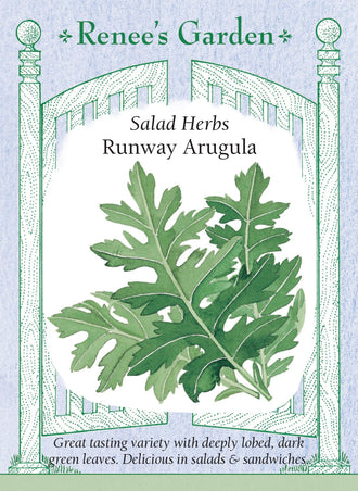 Visuel officiel de Renee's Garden pour les semences « Roquette ‘Runway’ », référence RN5228. Cette sélection de roquette cultivée se distingue par des feuilles profondément découpées, rappelant une feuille de chêne. Le semencier décrit une saveur poivrée légèrement moins forte que celle d’une roquette courante. Les feuilles se prêtent aux salades et aux garnitures fraîches. Le degré de saveur dépend aussi du stade de récolte.