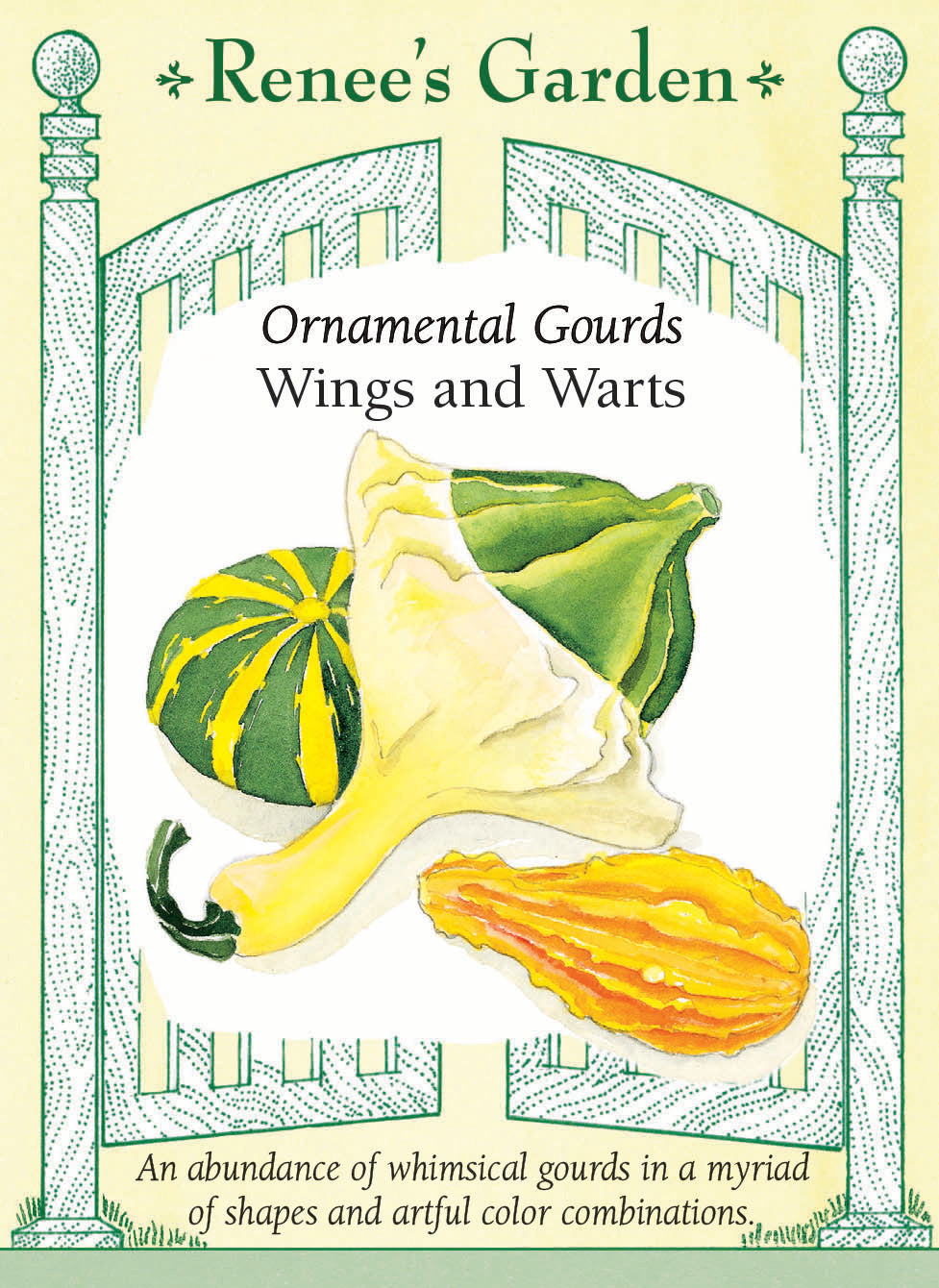 Visuel officiel de Renee's Garden pour les semences « Courges décoratives en mélange Wings and Warts », référence RN5239. Les fruits de ce mélange mesurent environ 13 à 15 cm (5 à 6 po). Certains sont lisses et portent des excroissances en forme d’ailes; d’autres sont verruqueux, arrondis ou en forme de poire. Les couleurs comprennent l’orange, le doré, le vert et le crème. Cette référence est destinée à la décoration saisonnière.