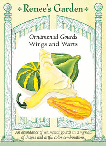 Visuel officiel de Renee's Garden pour les semences « Courges décoratives en mélange Wings and Warts », référence RN5239. Les fruits de ce mélange mesurent environ 13 à 15 cm (5 à 6 po). Certains sont lisses et portent des excroissances en forme d’ailes; d’autres sont verruqueux, arrondis ou en forme de poire. Les couleurs comprennent l’orange, le doré, le vert et le crème. Cette référence est destinée à la décoration saisonnière.