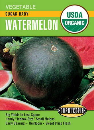 Visuel officiel de Cornucopia associé aux semences de Melon d’eau ‘Sugar Baby’, référence CS525. Les plantes compactes produisent des fruits d’environ 15 à 20 cm (6 à 8 po), pouvant atteindre environ 4,5 kg (10 lb). Cette sélection convient aux espaces plus restreints. Le semencier annonce une maturité autour de 73 jours.