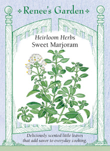 Visuel officiel de Renee's Garden associé aux semences de Marjolaine douce, référence RN5285. Cette herbe aromatique appartient à Origanum majorana. Le semencier décrit un parfum plus doux que celui de l’origan, adapté aux plats d’œufs, de légumes et de légumineuses. Les feuilles se récoltent fraîches pour profiter de leur arôme. La marjolaine peut aussi entrer dans les mélanges culinaires de fines herbes.
