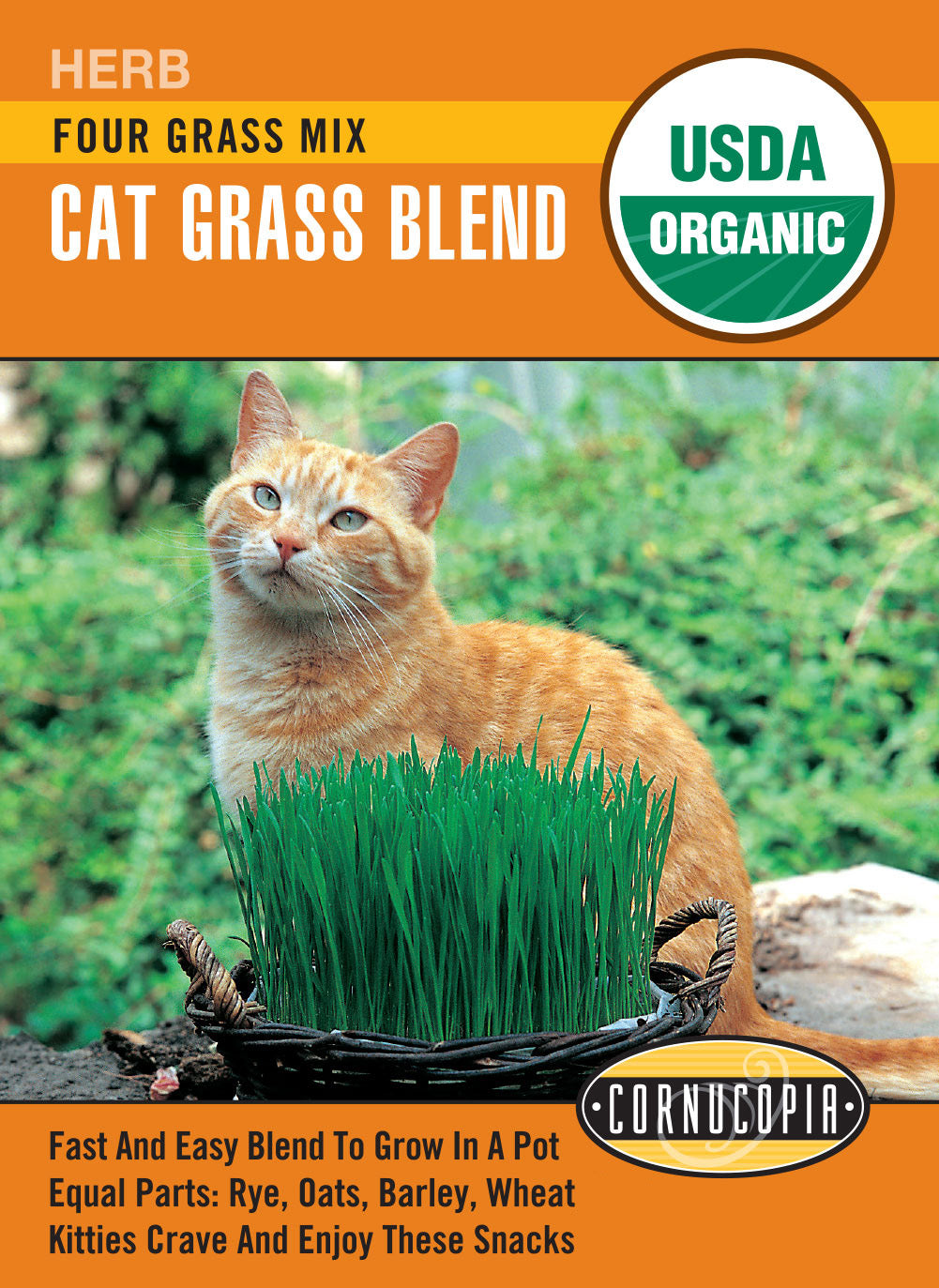 Visuel officiel de Cornucopia associé aux semences de Mélange d’herbe pour chats, référence CS528. Cette référence propose un mélange de semences destiné à produire de jeunes feuilles d’herbe pour chats. La culture en petits pots permet de renouveler les semis au fil des besoins. Cette image accompagne la fiche de cette sélection et permet de repérer le produit correspondant dans le catalogue de semences.