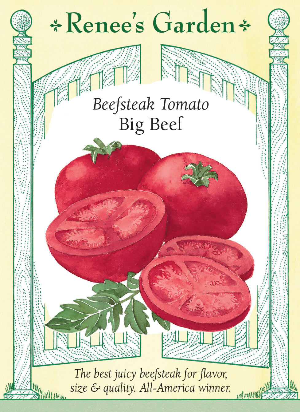 Visuel officiel de Renee's Garden pour les semences « Tomate ‘Big Beef’ », référence RN5291. Cet hybride à croissance indéterminée porte de grosses tomates rondes d’environ 280 à 340 g (10 à 12 oz). Le semencier décrit une chair douce, juteuse et abondante. Le calibre convient aux tranches pour les sandwichs et les salades. Les fruits lourds et les tiges vigoureuses demandent un support suffisamment solide.