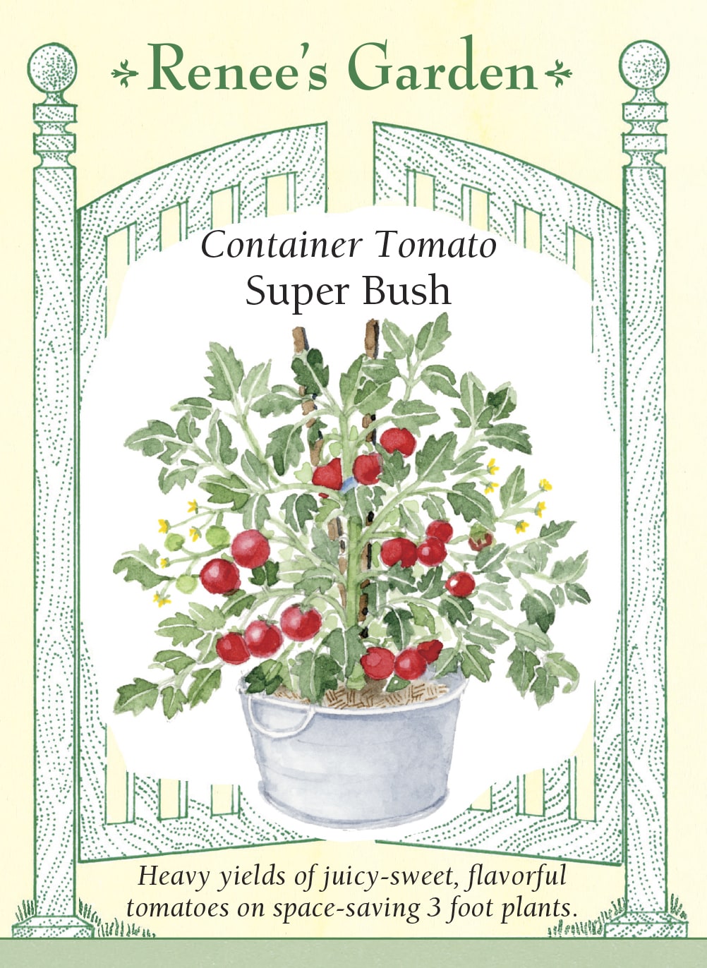 Visuel officiel de Renee's Garden pour les semences « Tomate ‘Super Bush’ », référence RN5326. Cet hybride est sélectionné pour les grands pots et les contenants de terrasse. Les plants atteignent environ 75 à 90 cm (2,5 à 3 pi). Le semencier décrit une production abondante de tomates juteuses et savoureuses. Le port compact facilite la culture dans un espace limité, avec un support adapté au poids des fruits.