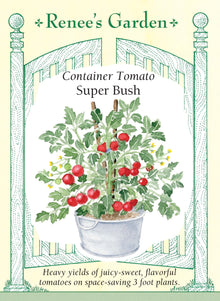 Visuel officiel de Renee's Garden pour les semences « Tomate ‘Super Bush’ », référence RN5326. Cet hybride est sélectionné pour les grands pots et les contenants de terrasse. Les plants atteignent environ 75 à 90 cm (2,5 à 3 pi). Le semencier décrit une production abondante de tomates juteuses et savoureuses. Le port compact facilite la culture dans un espace limité, avec un support adapté au poids des fruits.