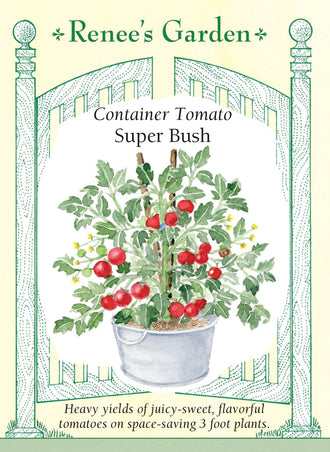 Visuel officiel de Renee's Garden pour les semences « Tomate ‘Super Bush’ », référence RN5326. Cet hybride est sélectionné pour les grands pots et les contenants de terrasse. Les plants atteignent environ 75 à 90 cm (2,5 à 3 pi). Le semencier décrit une production abondante de tomates juteuses et savoureuses. Le port compact facilite la culture dans un espace limité, avec un support adapté au poids des fruits.
