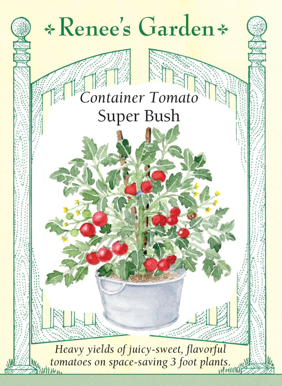 Visuel officiel de Renee's Garden pour les semences « Tomate ‘Super Bush’ », référence RN5326. Cet hybride est sélectionné pour les grands pots et les contenants de terrasse. Les plants atteignent environ 75 à 90 cm (2,5 à 3 pi). Le semencier décrit une production abondante de tomates juteuses et savoureuses. Le port compact facilite la culture dans un espace limité, avec un support adapté au poids des fruits.