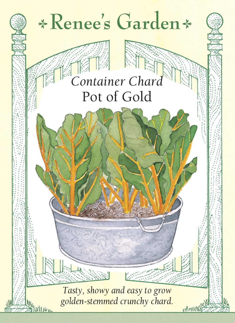 Visuel officiel de Renee's Garden pour les semences « Bette à carde ‘Pot of Gold’ », référence RN5345. Cette bette à carde développe des côtes dorées et des feuilles vert foncé gaufrées. Le semencier la recommande pour les contenants, les petits espaces et les bordures mixtes. Les feuilles et les côtes sont décrites comme douces et croquantes. Leur contraste permet de profiter d’une récolte de verdure tout en composant un aménagement de terrasse coloré.