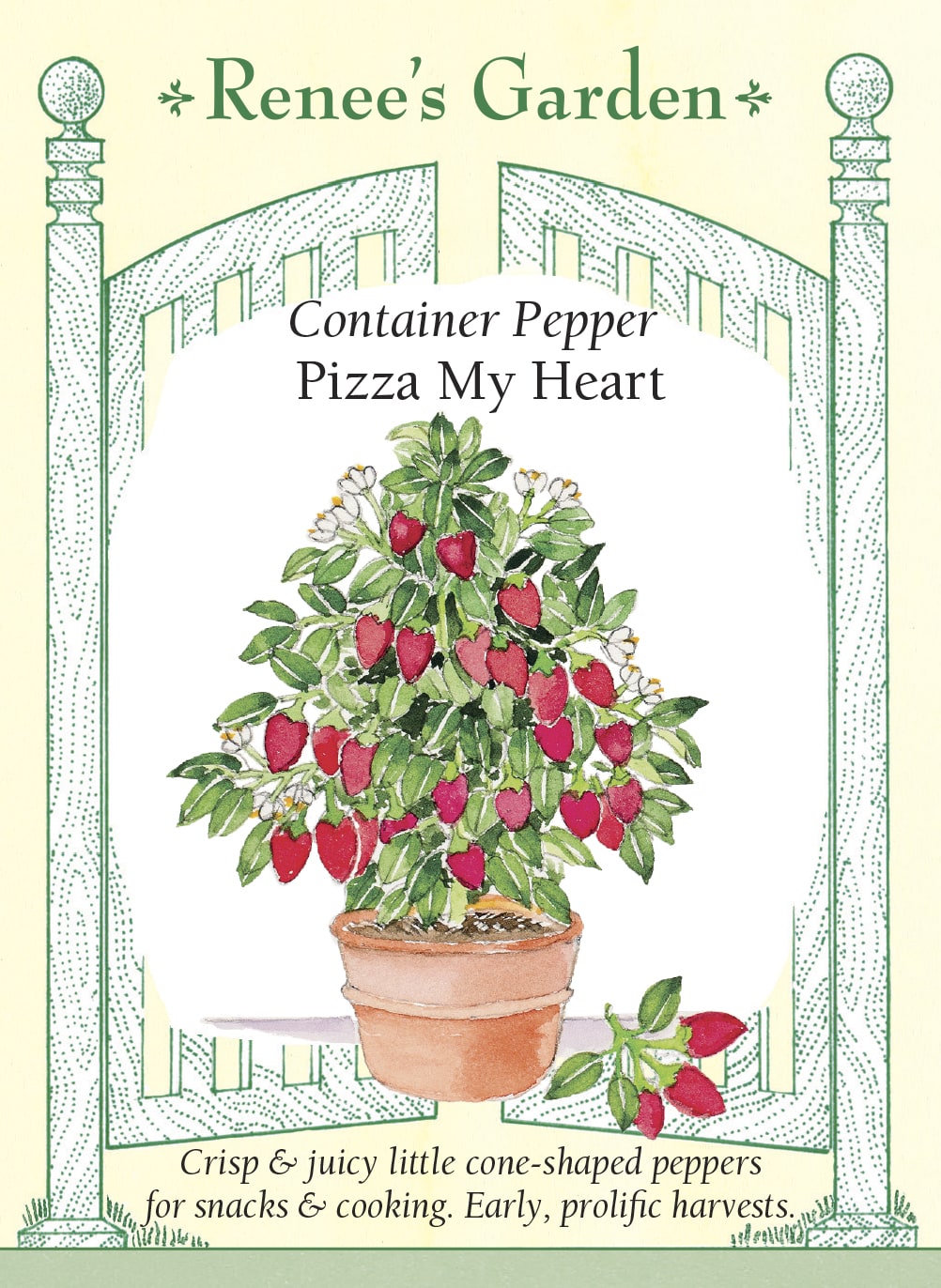Visuel officiel de Renee's Garden pour les semences « Poivron ‘Pizza My Heart’ », référence RN5350. Ce poivron compact porte de petits fruits coniques d’environ 9 cm (3,5 po), à parois épaisses. Le semencier décrit une saveur généralement douce, parfois accompagnée d’une légère note piquante. La récolte convient aux garnitures de pizza, aux salades et au gril. Le port du plant est proposé pour les contenants et les petites planches.