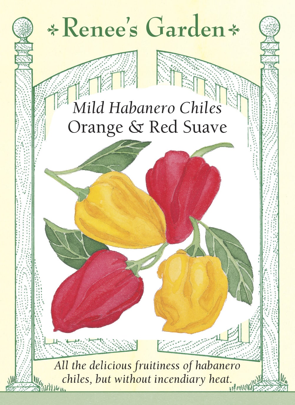 Visuel officiel de Renee's Garden pour les semences « Piments habanero doux en mélange Suave », référence RN5359. Ce mélange réunit des habaneros Suave rouges et orange, sélectionnés pour conserver des notes fruitées avec une force beaucoup plus faible que celle des habaneros habituels. Le semencier distingue la sélection rouge par une coloration rouge des graines. Les fruits peuvent être utilisés dans différentes préparations, en goûtant une petite quantité avant d’assaisonner tout le plat.