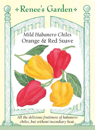 Visuel officiel de Renee's Garden pour les semences « Piments habanero doux en mélange Suave », référence RN5359. Ce mélange réunit des habaneros Suave rouges et orange, sélectionnés pour conserver des notes fruitées avec une force beaucoup plus faible que celle des habaneros habituels. Le semencier distingue la sélection rouge par une coloration rouge des graines. Les fruits peuvent être utilisés dans différentes préparations, en goûtant une petite quantité avant d’assaisonner tout le plat.