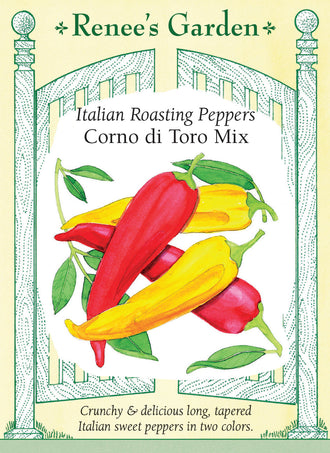 Visuel officiel de Renee's Garden pour les semences « Poivrons en mélange Corno di Toro », référence RN5366. Ce mélange de poivrons en forme de corne comprend une sélection rouge ‘Thor F1’ et une sélection jaune à pollinisation libre. Les fruits incurvés atteignent environ 20 à 30 cm (8 à 12 po). Le semencier associe les graines roses à ‘Thor’ et les graines non colorées au type jaune. La chair épaisse se prête au gril.