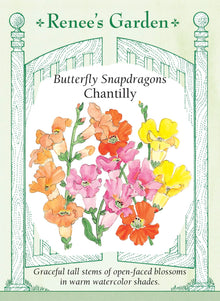 Visuel officiel de Renee's Garden associé aux semences de Mufliers en mélange Chantilly, référence RN5369. Les fleurs ouvertes en cloche sont disposées sur des épis ramifiés dès la base. Le mélange associe des tons jaune crème, saumon, abricot et rose tendre. Les plantes atteignent environ 75 à 90 cm (2½ à 3 pi) et conviennent aux fleurs coupées.