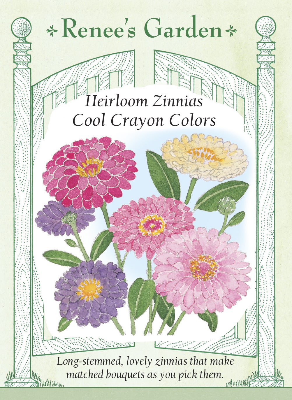 Visuel officiel de Renee's Garden associé aux semences de Zinnias en mélange Cool Crayon Colors, référence RN5371. Ce mélange de fleurs doubles réunit du lavande soutenu, du rose carmin, du rose doux et du blanc. Les plantes ramifiées atteignent environ 90 à 105 cm (3 à 3½ pi). Les longues tiges permettent de préparer des bouquets.