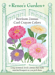 Visuel officiel de Renee's Garden associé aux semences de Zinnias en mélange Cool Crayon Colors, référence RN5371. Ce mélange de fleurs doubles réunit du lavande soutenu, du rose carmin, du rose doux et du blanc. Les plantes ramifiées atteignent environ 90 à 105 cm (3 à 3½ pi). Les longues tiges permettent de préparer des bouquets.