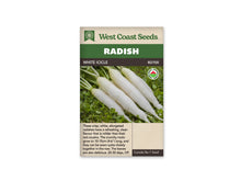 Sachet West Coast Seeds White Icicle montrant des radis blancs allongés posés sur de l’herbe. Leurs pointes s’amincissent vers le bas de la photo et leurs tiges vertes se rejoignent à gauche. Un logo biologique rond apparaît en haut à droite. Le nom White Icicle est inscrit dans le bandeau brun.