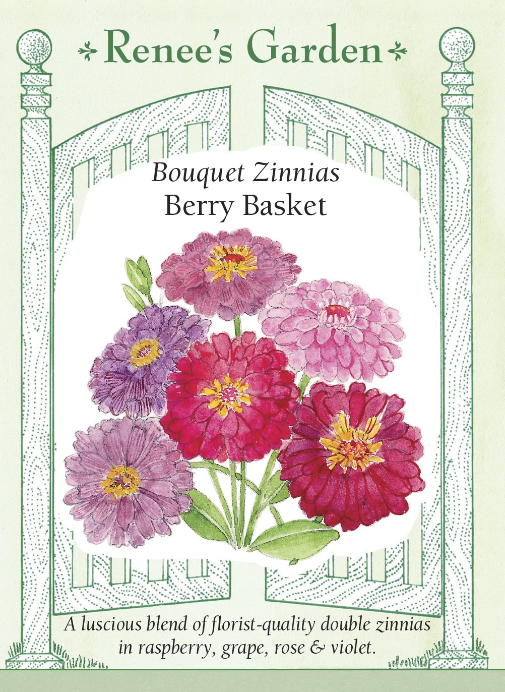 Visuel officiel de Renee's Garden associé aux semences de Zinnias en mélange Berry Basket, référence RN5407. Ce mélange de fleurs doubles associe des tons framboise, pourpres, roses et violets. Les plantes ramifiées atteignent environ 1,1 m (3½ pi). Les longues tiges permettent de composer des bouquets aux couleurs assorties. Cette image accompagne la fiche de cette sélection et permet de repérer le produit correspondant dans le catalogue de semences.