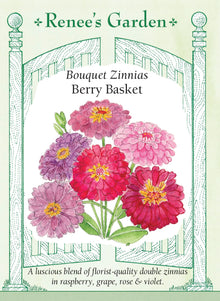 Visuel officiel de Renee's Garden associé aux semences de Zinnias en mélange Berry Basket, référence RN5407. Ce mélange de fleurs doubles associe des tons framboise, pourpres, roses et violets. Les plantes ramifiées atteignent environ 1,1 m (3½ pi). Les longues tiges permettent de composer des bouquets aux couleurs assorties. Cette image accompagne la fiche de cette sélection et permet de repérer le produit correspondant dans le catalogue de semences.