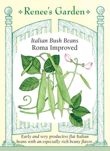 Visuel officiel de Renee's Garden pour les semences « Haricot nain ‘Roma Improved’ », référence RN5418. Cette sélection de type Roma porte des gousses vertes plates, larges et sans fil, longues d’environ 13 cm (5 po). Les plants vigoureux atteignent près de 60 cm (2 pi). La récolte est décrite comme précoce par le semencier. Les gousses charnues offrent une saveur prononcée de haricot et conviennent à la cuisson vapeur, aux soupes et aux préparations de légumes marinés destinées à une consommation rapide.