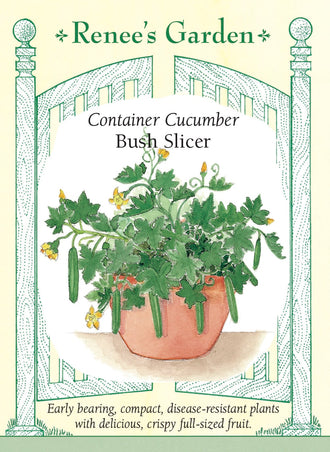 Visuel officiel de Renee's Garden pour les semences « Concombre ‘Bush Slicer’ », référence RN5419. Ce concombre à développement réduit est proposé pour les contenants et les petits espaces. Les fruits droits mesurent environ 15 à 20 cm (6 à 8 po). Ils possèdent une peau tendre, une petite cavité à graines et une chair croquante. Le semencier précise que la variété est monoïque; la présence de fleurs mâles et femelles doit donc être prise en compte.